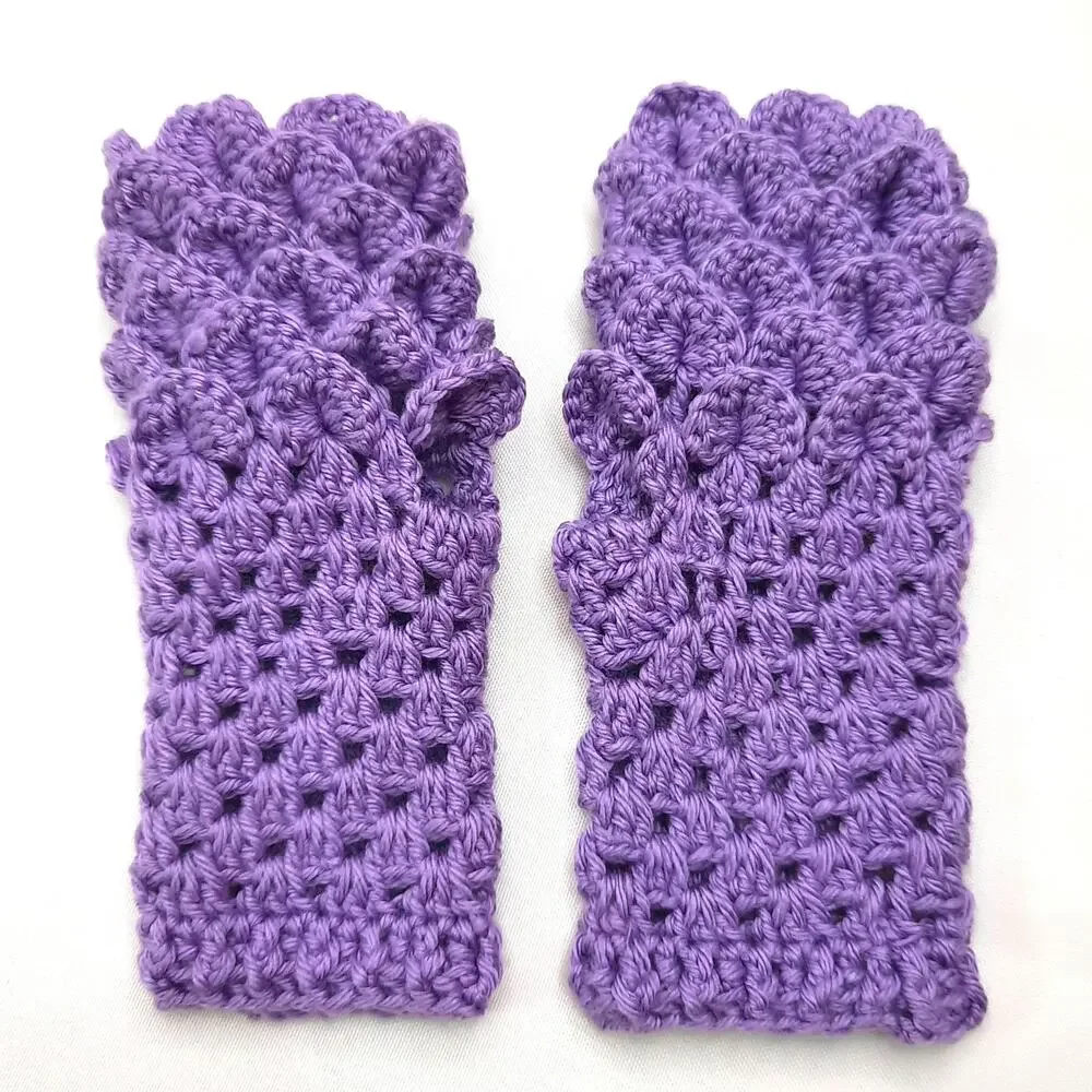 Crochet Dragon Scale Fingerless Gloves Handmade Purple Texting Crocodile Stitch